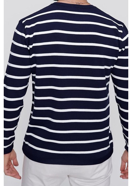 Erkek Lacivert Bisiklet Yaka Çizgili Casual Triko Kazak fiyatları