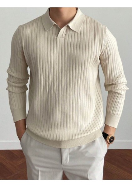 Kırık Beyaz Erkek Polo Yaka Fitilli Triko Kazak