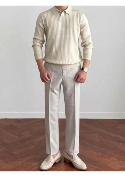 Kırık Beyaz Erkek Polo Yaka Fitilli Triko Kazak fiyatları