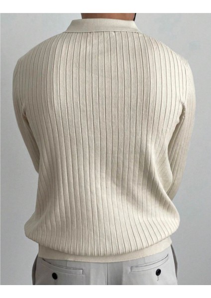 Kırık Beyaz Erkek Polo Yaka Fitilli Triko Kazak modelleri