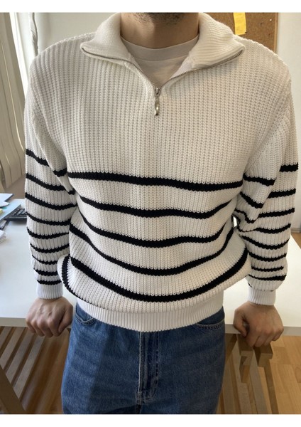 Beyaz-Siyah Erkek Regular Fermuarlı Balıkçı Triko Kazak modelleri