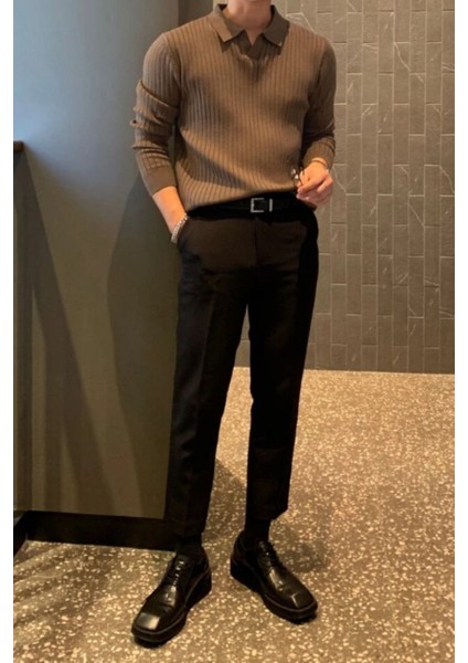 Kahve Erkek Polo Yaka Fitilli Triko Kazak modelleri