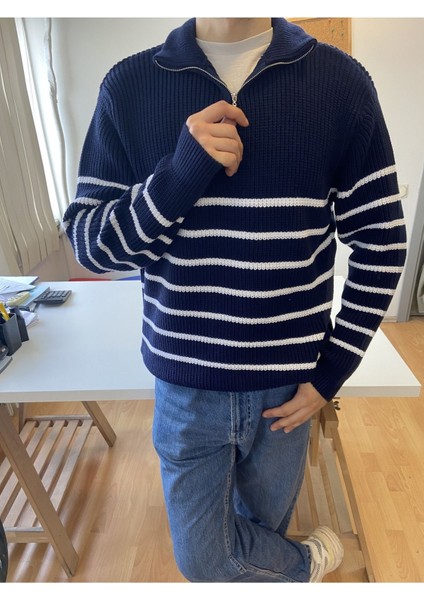 Lacivert-Beyaz Erkek Regular Fermuarlı Balıkçı Triko Kazak fiyatları