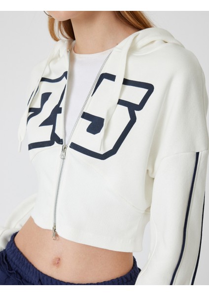Crop Sweatshirt Kapüşonlu Fermuarlı Korse Detaylı Kolej Baskılı Cepli indirimleri