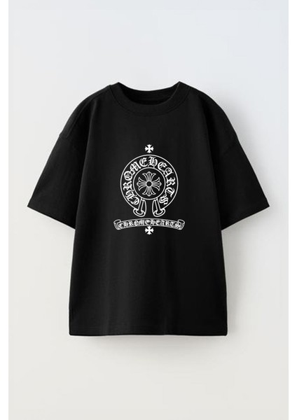 Artı Madalyon Tasarım Baskılı Pamuk Sıyah Oversize T-Shirt