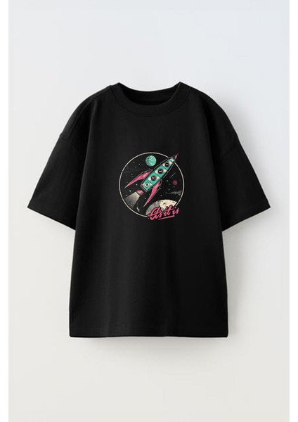 Uzaydaki Roket Tasarım Baskılı Pamuk Sıyah Oversize T-Shirt
