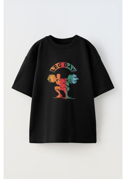 Leg Day Tasarım Baskılı Pamuk Sıyah Oversize T-Shirt