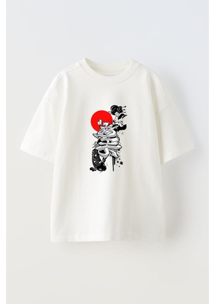 Japon Kadın ve Balıktasarım Baskılı Pamuk Beyaz Oversize T-Shirt