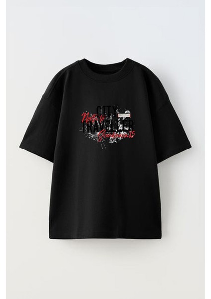Cıty Traveller Tasarım Baskılı Pamuk Sıyah Oversize T-Shirt