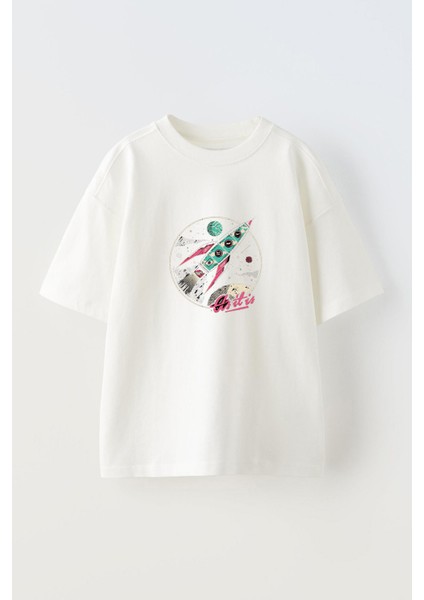 Uzaydaki Roket Tasarım Baskılı Pamuk Beyaz Oversize T-Shirt