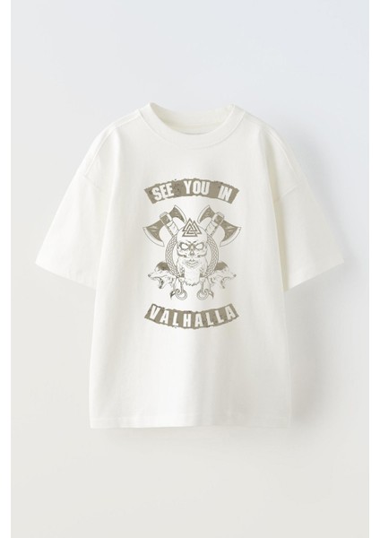See Youın Valhalla Tasarım Baskılı Pamuk Beyaz Oversize T-Shirt
