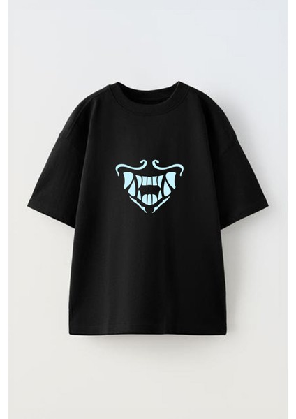 Devil Mask Tasarım Baskılı Pamuk Sıyah Oversize T-Shirt
