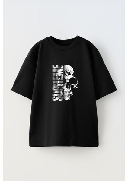 Supreme Kurukafa Tasarım Baskılı Pamuk Sıyah Oversize T-Shirt