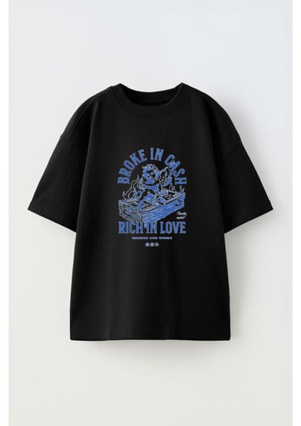 Brokeın Cash Tasarım Baskılı Pamuk Sıyah Oversize T-Shirt