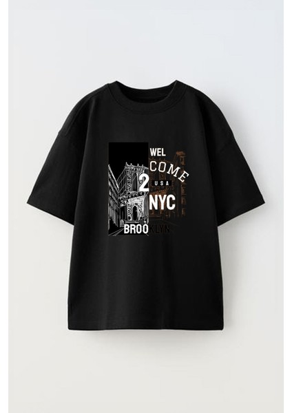 Wel Come Brooklyn Tasarım Baskılı Pamuk Sıyah Oversize T-Shirt