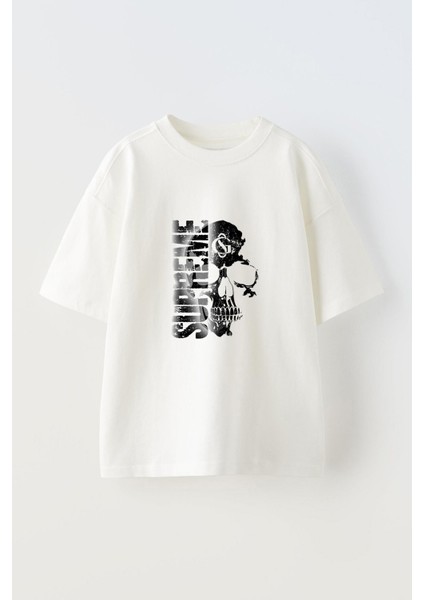 Supreme Kurukafa Tasarım Baskılı Pamuk Beyaz Oversize T-Shirt