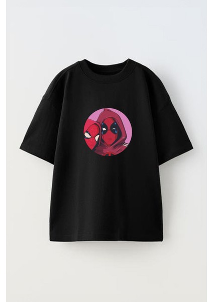 Deadpool Spiderman Tasarım Baskılı Pamuk Sıyah Oversize T-Shirt