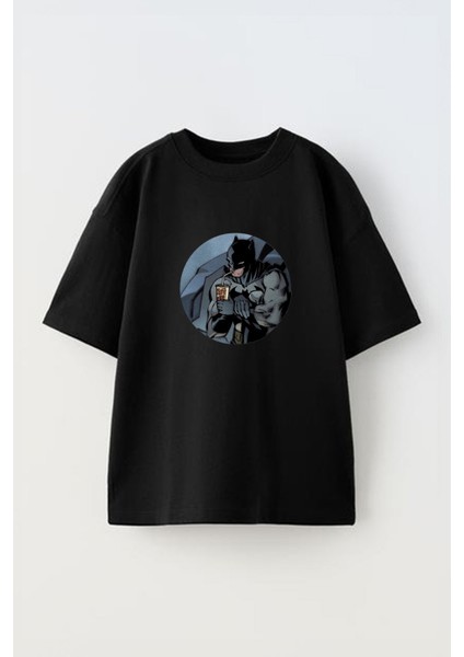 Batman Sad Tasarım Baskılı Pamuk Sıyah Oversize T-Shirt
