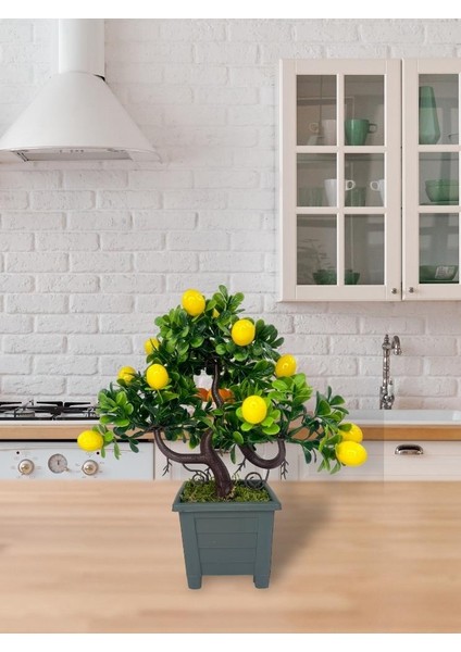 Bonsai Limon Ağacı Dekoratif Yapay Ağaç Yeşil Bonzai 28*23 Cm Siyah Kare Saksıda