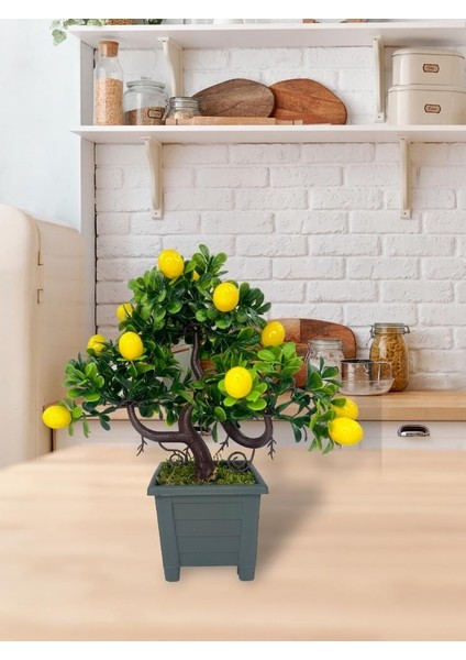 Bonsai Limon Ağacı Dekoratif Yapay Ağaç Yeşil Bonzai 28*23 Cm Siyah Kare Saksıda