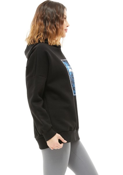 Kapüşonlu Baskılı Üç Iplik Kadın Sweatshirt Siyah ZN5026 modelleri