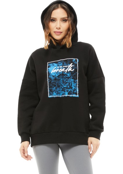 Kapüşonlu Baskılı Üç Iplik Kadın Sweatshirt Siyah ZN5026 fırsatları