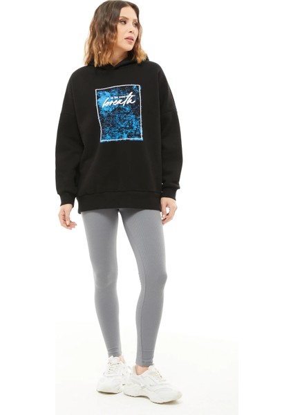 Kapüşonlu Baskılı Üç Iplik Kadın Sweatshirt Siyah ZN5026 indirimleri