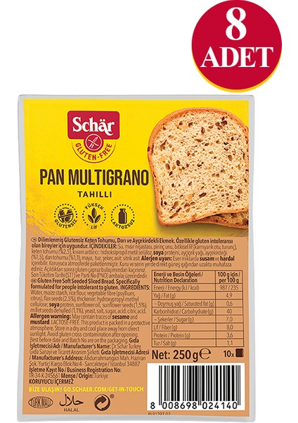 Pan Multigrano Glutensiz Ketenli Ayçekirdekli Ekmek 250 gr (8 Adet)