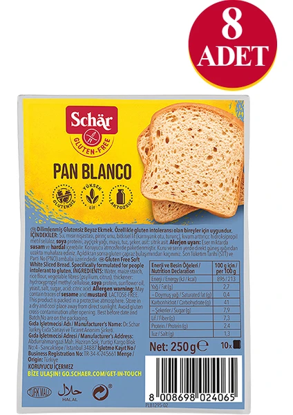 Pan Blanco Glutensiz Beyaz Ekmek 250 Gr. (8 Adet)