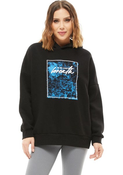 Kapüşonlu Baskılı Üç Iplik Kadın Sweatshirt Siyah ZN5026