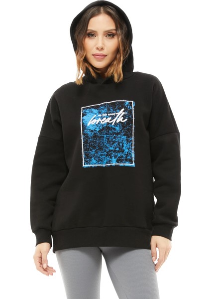 Kapüşonlu Baskılı Üç Iplik Kadın Sweatshirt Siyah ZN5026