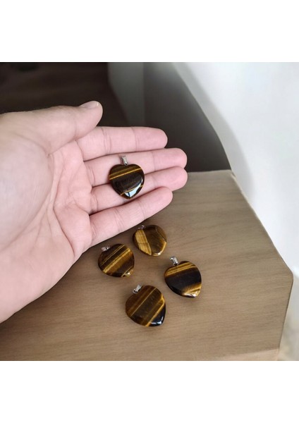 Kaplan Gözü Taşı 5 Adet Kalpli Kaplan Gözü Kolye Büyük Boy 2,5cm x 2,5 cm Parlak Kalpli Doğal Taş