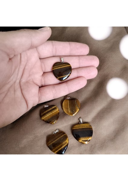 Kaplan Gözü Taşı 5 Adet Kalpli Kaplan Gözü Kolye Büyük Boy 2,5cm x 2,5 cm Parlak Kalpli Doğal Taş