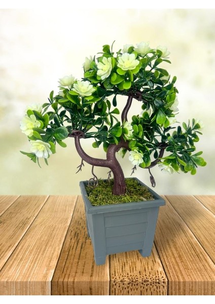 Yapay Çiçek Beyaz Çiçekli Bonsai Ağacı Dekoratif Yapay Ağaç Bonzai 29*24 Cm Siyah Kare Saksıda