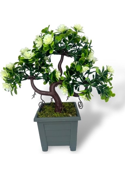 Yapay Çiçek Beyaz Çiçekli Bonsai Ağacı Dekoratif Yapay Ağaç Bonzai 29*24 Cm Siyah Kare Saksıda