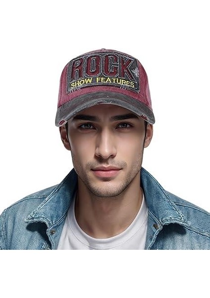 Rock Eskitme Trucker Şapka  Metal Tokalı Ayarlanabilir Vintage Kırmızı Siyah