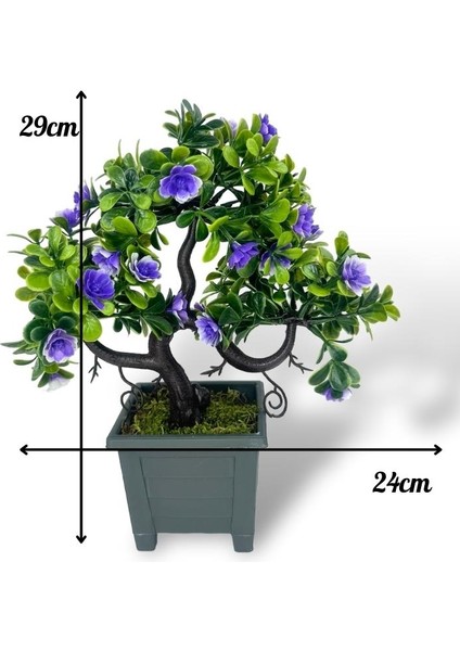 Yapay Çiçek Mor Çiçekli Bonsai Ağacı Dekoratif Yapay Ağaç Bonzai 29*24 Cm Siyah Kare Saksıda