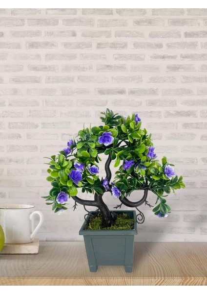 Yapay Çiçek Mor Çiçekli Bonsai Ağacı Dekoratif Yapay Ağaç Bonzai 29*24 Cm Siyah Kare Saksıda