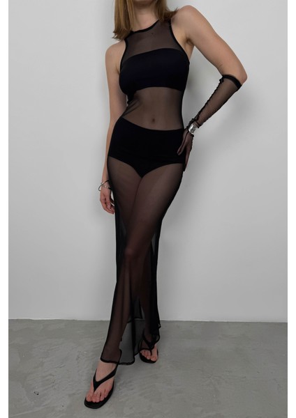 Yüzücü Yaka Maxi Siyah Tül Elbise modelleri