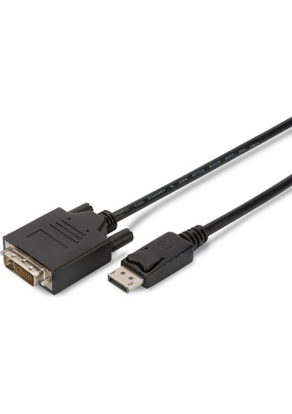 DisplayPort (DP) DVI Kablosu, DP Erkek - DVI (24+1) Erkek, 2 metre, kilit mekanizmalı, AWG28, 2x zırhlı, DP 1.1a uyumlu, UL, CE, siyah renk