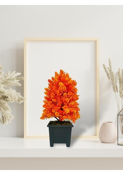 Yapay Çiçek Bonsai Ağacı Turuncu Kozalak Model Dekoratif Yapay Ağaç Bonzai 30*15 Cm Siyah Kare Saksıda