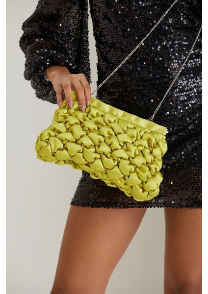 Lime Yeşili Kapitone Saten Kadın Clutch Çanta