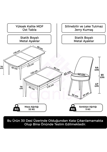 Zen Serisi Açılabilir Beyaz Mdf 80X132 Mutfak Masa Takımı 6 Adet Sandalye