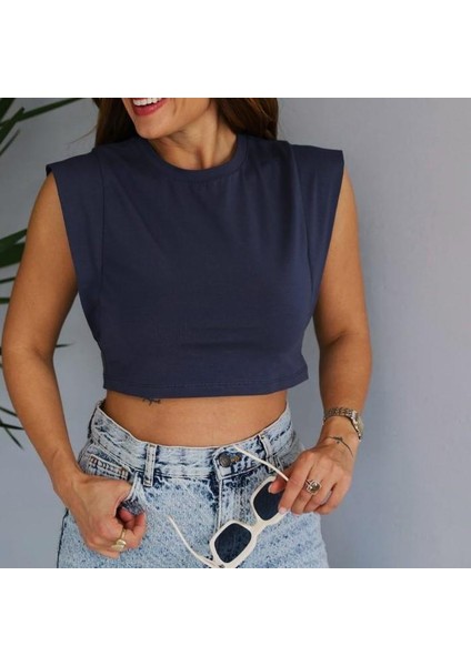 Deli Dolu Moda Kadın Vatka Görünümlü Sıfır Kol Crop Body