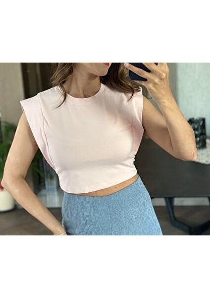 Deli Dolu Moda Kadın Vatka Görünümlü Sıfır Kol Crop Body