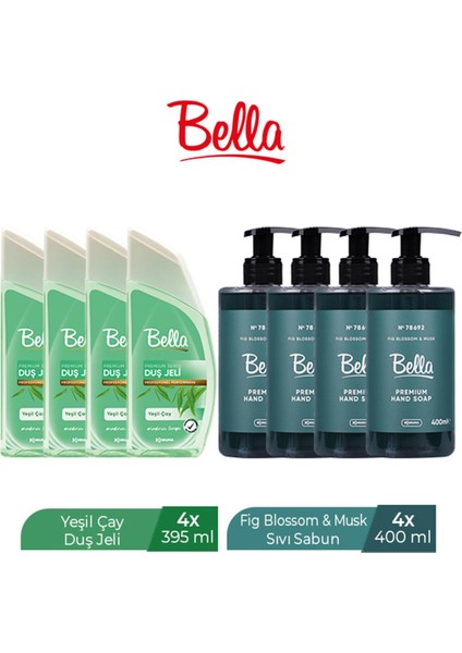 Duş Jeli Yeşil Çay 395 ml x 4 Adet + Bella Sıvı Sabun Fıg Blossom 400 ml x 4 Adet