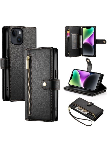 IPhone 14 Bilek Kayışı Kickstand Çok Fonksiyonlu Kart Yuvaları Için Flip Case (Yurt Dışından)