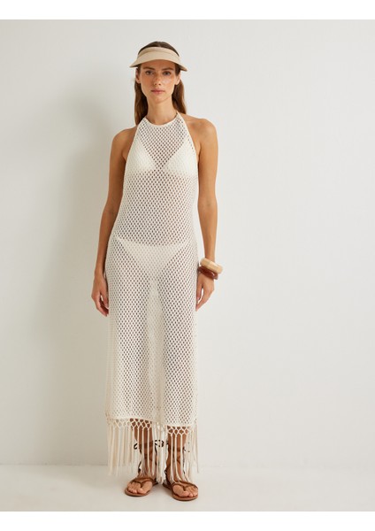 x Şahika Ercümen Kroşe Plaj Elbisesi Halter Yaka Püsküllü modelleri