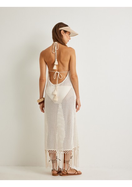 x Şahika Ercümen Kroşe Plaj Elbisesi Halter Yaka Püsküllü fırsatları