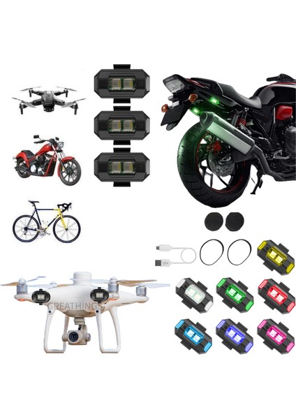 3 Adet 7 Renk 30 Mod Bisiklet Motor Drone Çakar Lamba, Bisiklet Işığı, Motor Drone Aksesuar Işık